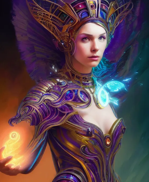 Image similar to a whirlwind of souls rushing inside the metaverse, half body, glowin eyes, tiara with sapphire, pharaoh, android, cyberpunk, d & d, fantasy, intricate, elegant, highly detailed, colorful, vivid color, digital painting, artstation, concept art, art by artgerm and greg rutkowski and alphonse mucha and ruan jia