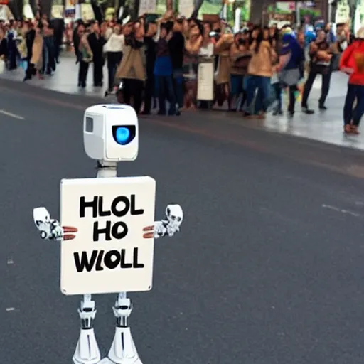 Image similar to a robot holding a sign that reads 'hello world'