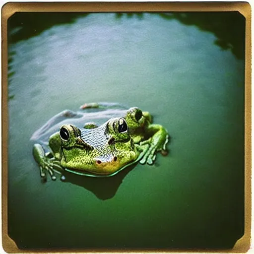 Image similar to “semitranslucent smiling frog amphibian rising above the waters of misty lake in Jesus Christ pose, low angle, polaroid shot by Andrei Tarkovsky, paranormal, spiritual, mystical”