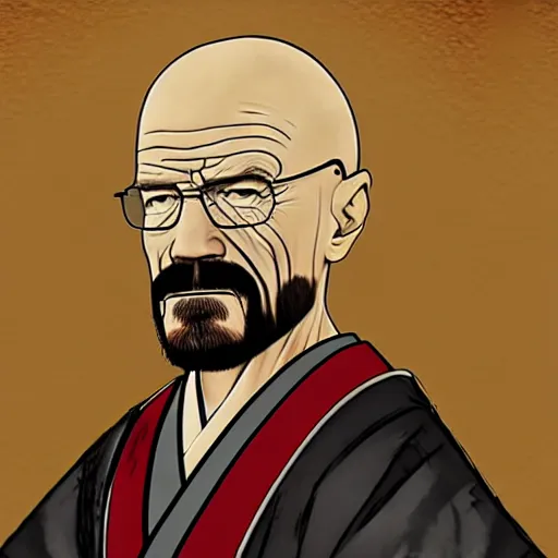 Image similar to walter white from breaking bad wearing samurai armor in feudal japan, 4 k, hyper realistic, ink block painting