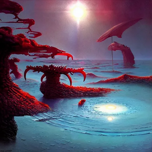 Prompt: Life in an Alien Tide Pool on an Exoplanet, art by Jim Burns and Marc Simonetti