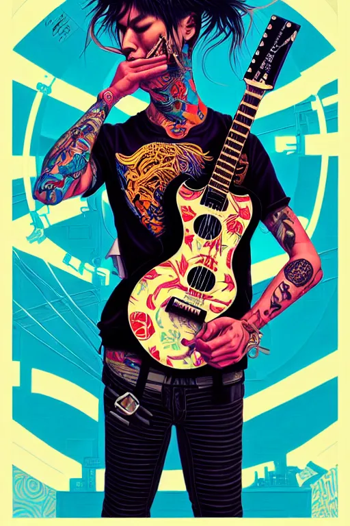 Prompt: punk rocker playing acoustic guitar, tristan eaton, victo ngai, artgerm, rhads, ross draws, intricated details, 3 / 4 view, full body portrait