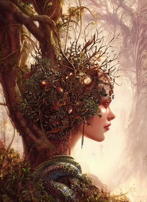 Image similar to natural city in the trees, intricate jewelry, trending on artstation 4 k, high quality, in the style of karol bak and tom bagshaw, tattoos