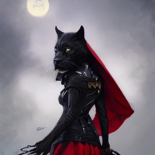 Image similar to Portrait of Little Red Riding Hood with a black panther, intricate, wild, highly detailed, digital painting, artstation, concept art, smooth, sharp focus, illustration, art by artgerm and greg rutkowski and alphonse mucha, footage from space camera