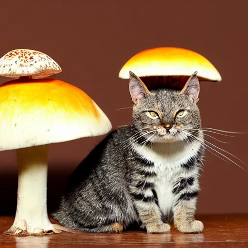 Prompt: a small domestic housecat with a fruiting mushroom growing atop its head