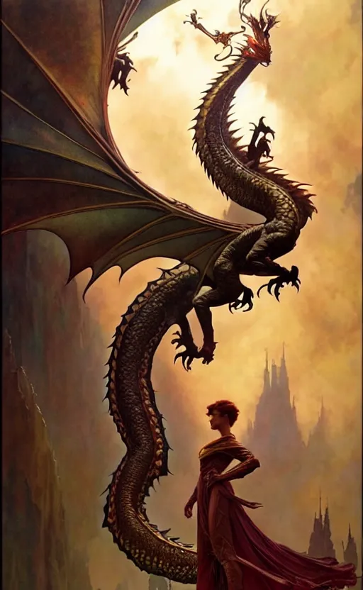 Image similar to magic dragon gorgeous lighting by weta studio, mucha, bautista and norman rockwell and greg rutkowski and tom bagshaw and james gurney and lucasfilm