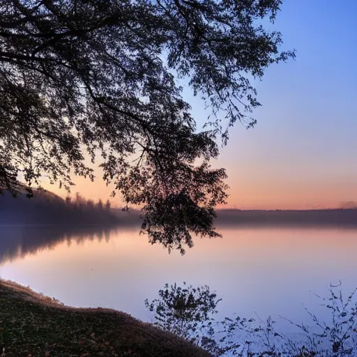 Image similar to a ghostly woman in a white dress rising from a quiet misty lake, high resolution photograph, autumn, sunset, eerie light