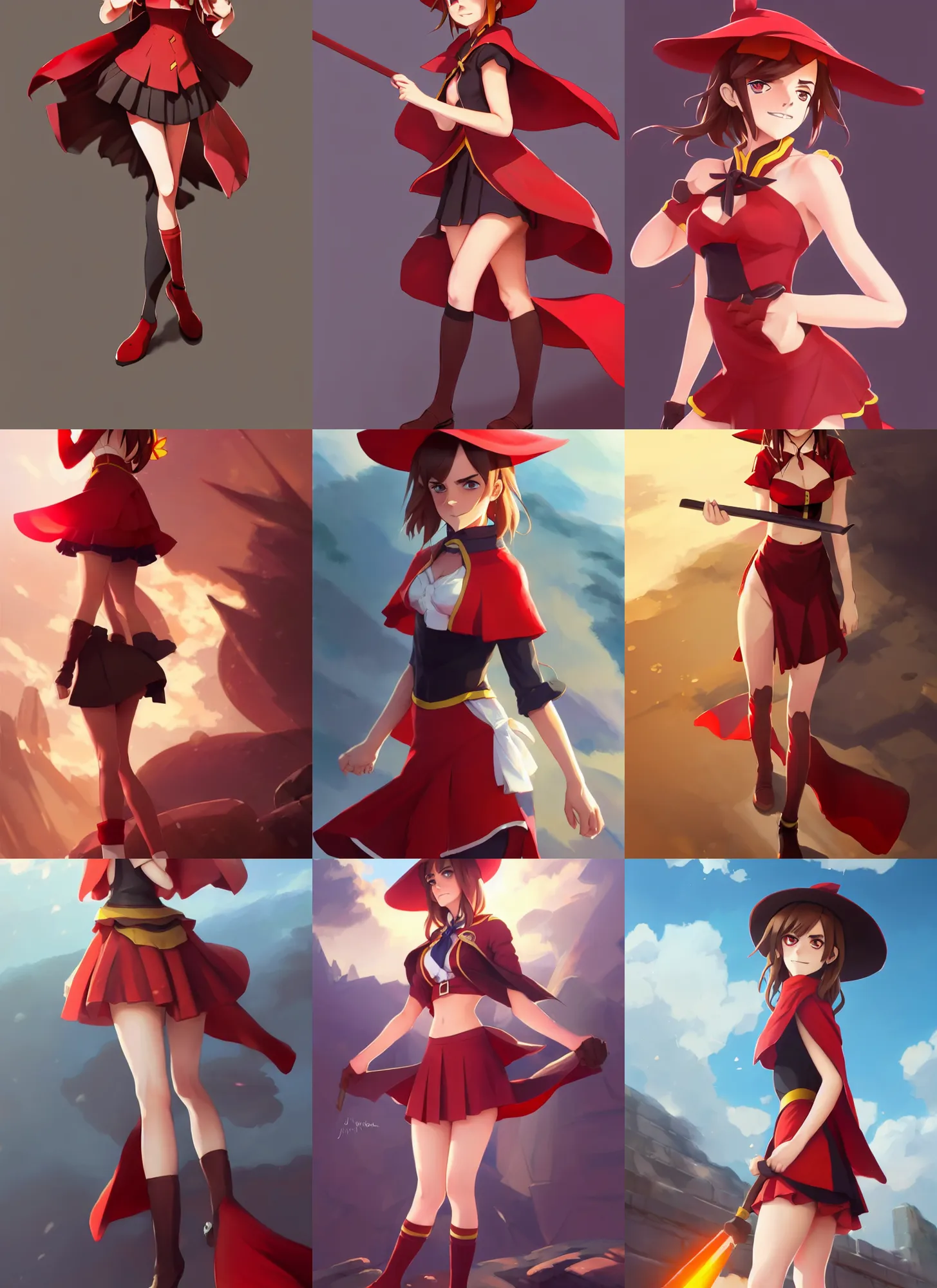 Prompt: attractive Emma Watson as Megumin from Konosuba, red dress and hat, hourglass slim figure, full body shot close up, seductive smile, details, sharp focus, illustration, by Jordan Grimmer and greg rutkowski, Trending artstation, pixiv, digital Art