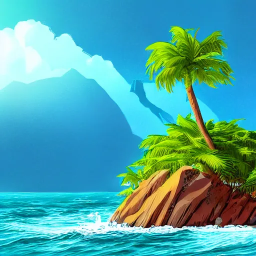 Prompt: lone palm tree on a lonely island in the sea, concept art, illustrated, highly detailed, high quality, bright colors, optimistic,