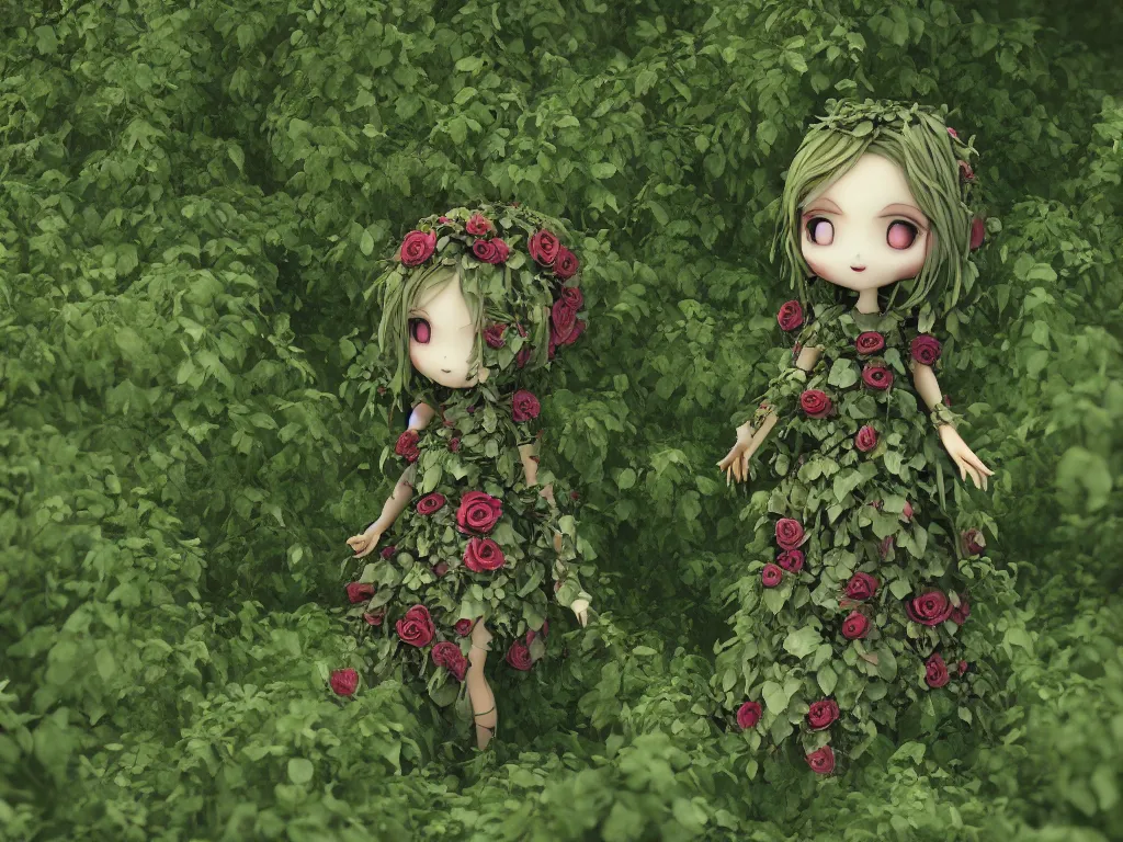 Prompt: cute fumo plush girl wrapped in vines in the middle of a lush rose garden, glowing gothic wraith plantgirl, tattered green dress, vray