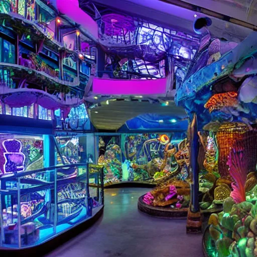 Image similar to undersea shopping center built from various sea shells, sea weed, light prisms, light diffraction, steampunk, cyberpunk, cool lights, anime, vhs distortion