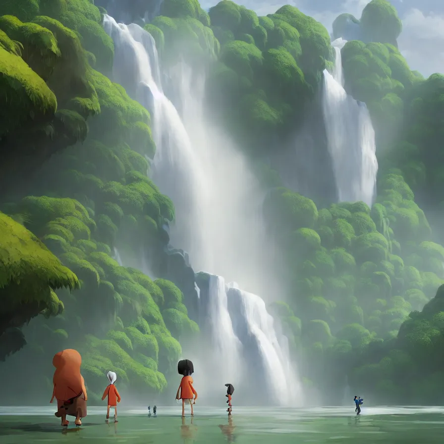 Image similar to Goro Fujita illustrating Front view of a gigantic waterfall surrounded by the Amazon, there are no animals or people, only vegetation, concept art, sharp focus, highly detailed, ArtStation