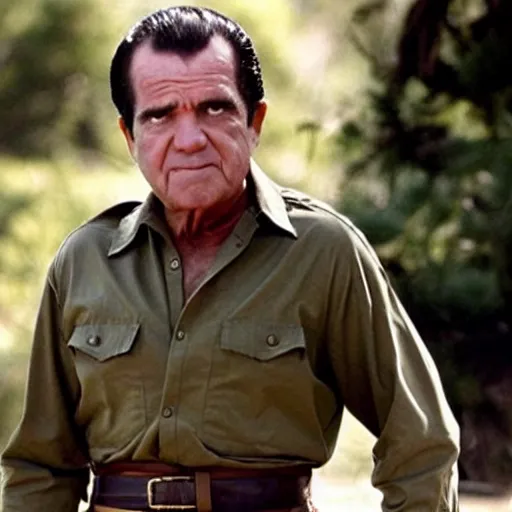 Prompt: A still of Richard Nixon as Rambo in Rambo First Blood