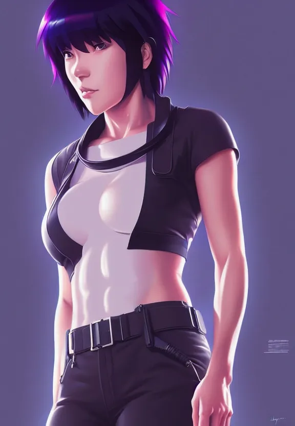 Image similar to a fullbody portrait of motoko kusanagi the major ghost in the shell : : connected to cables, under repairs, maintenance area, technicians : : by ilya kuvshinov, rossdraws, artgerm, sola digital arts, anti aliasing, raytracing : :