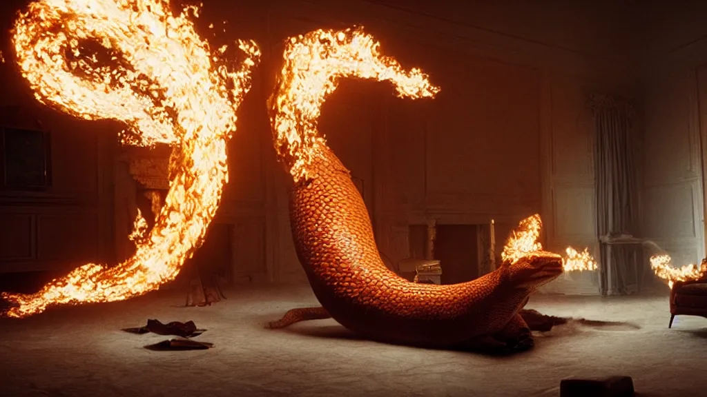 Image similar to a giant Snake made of fire and ice floats through the living room, film still from the movie directed by Denis Villeneuve with art direction by Salvador Dalí, wide lens