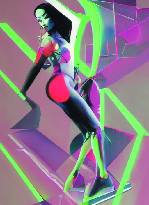 Image similar to futuristic lasers tracing, data visualization, laserpunk fullbodysuit,, pyramid visor, raindrops, wet, oiled, beautiful cyborg girl pinup, by steven meisel, kaws, james jean, rolf armstrong, cubist perfect geometry abstract acrylic, hyperrealism photorealistic airbrush collage painting, monochrome, neon fluorescent colors, rule of thirds, eighties eros