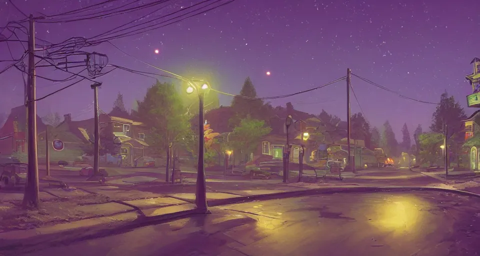 Image similar to a quaint suburban street at night inspired by simon stalenhag