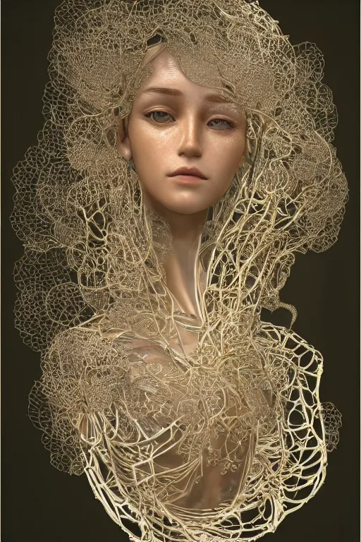 Image similar to a melancholic realistic 8k Sculpture of a complex robotic human face, liquid simulation, dramatic lighting, silver gold red details, hexagonal mesh wire, filigree intricate details, cinematic, fleshy musculature, white blossoms, elegant, octane render, art nouveau, 8k post-processing, intricate artwork by alphonse mucha