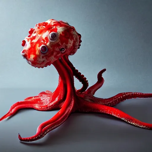 Image similar to a clean studio photography set, there is a bucket of red paint and it has just viciously exploded, there is paint EVERYWHERE, but not on the octopus, he is hiding, incredible beautiful ambient light