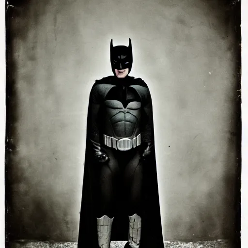Prompt: wetplate photography, david bowie as batman