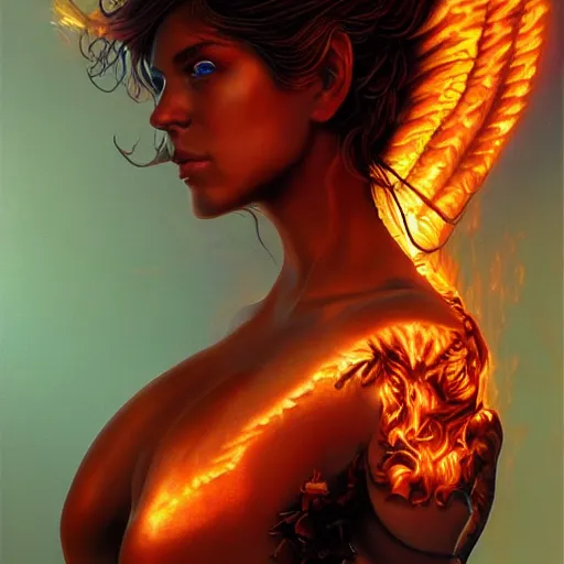 Image similar to A stunning portrait of a goddess, her body made of flames, by Jim Burns, intricate, fantasy, Trending on artstation.