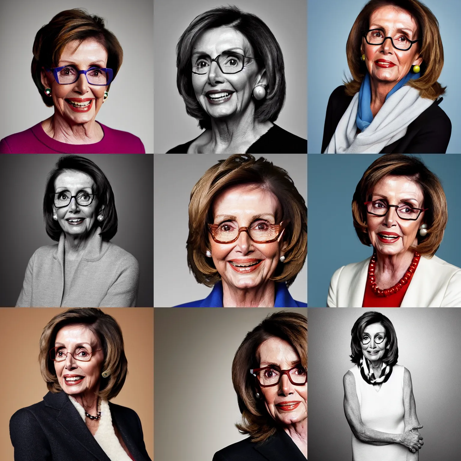 Prompt: Photo of Nancy Pelosi wearing Warby Parker glasses, soft studio lighting, photo taken by Martin Schoeller for Abercrombie and Fitch, award-winning photo, 24mm f/1.4