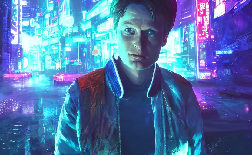 Image similar to portrait of Marty McFly in a cyberpunk neo-tokyo city, beautiful trippy moon, artstation hq, unreal engine, bright glowing colorful crystals, lush ferns, glowing moss, digital art, high quality