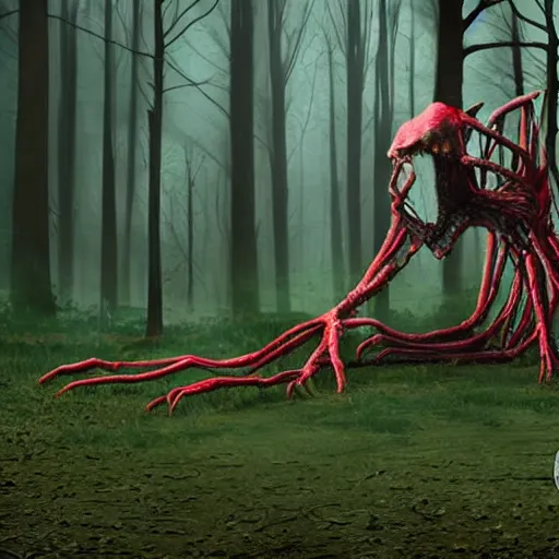 Image similar to ultra realisic creepy long leg monster cover of roten flowers in a dark forest at midnight