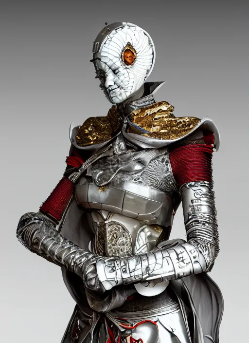 Image similar to portrait of futuristic king arthur knight cyborg geisha, kintsugi, modern fine art, fractal, intricate, elegant, highly detailed, digital photography, subsurface scattering, in the style of ghost, by jheronimus bosch and frank miller and greg rutkowski,