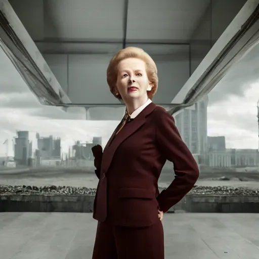 Image similar to limmy brian limond as maggie thatcher, realistic, wide shot, sunny lighting, octane render, gq magazine, hyper realistic, high quality, highly detailed, hd, beautiful, cinematic, 8 k, unreal engine, facial accuracy,