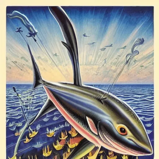 Image similar to swordfish will be our new overlords when the levees break, a dystopian jean dupas painting