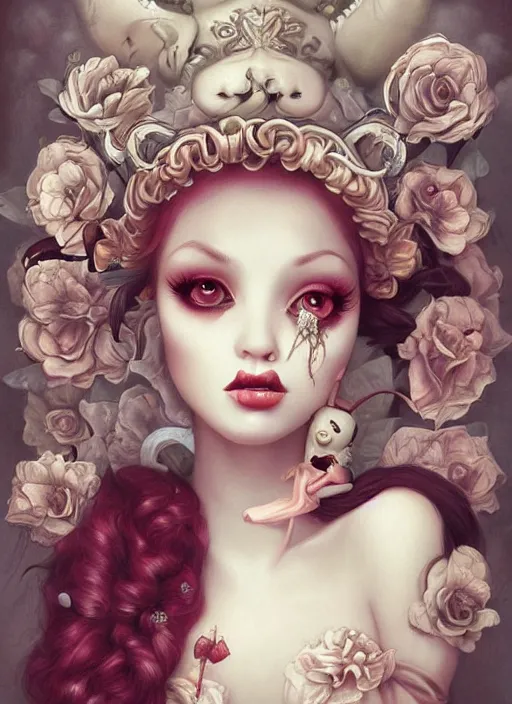 Image similar to pop surrealism, lowbrow art, realistic cute seductive alice girl painting, romantic gown, hyper realism, muted colours, rococo, natalie shau, loreta lux, tom bagshaw, mark ryden, trevor brown style,
