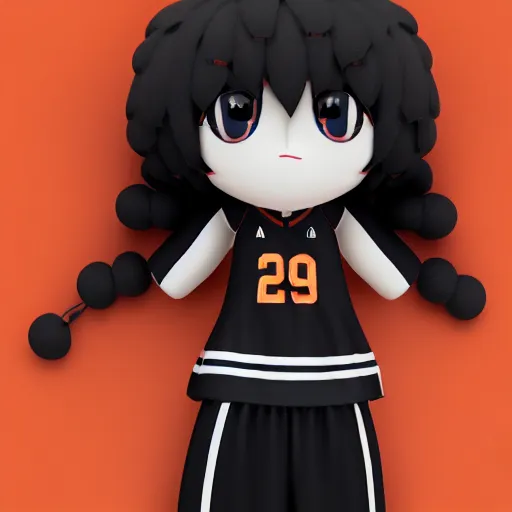 Image similar to cute fumo plush of a girl who plays basketball, black and white and orange, vray caustics