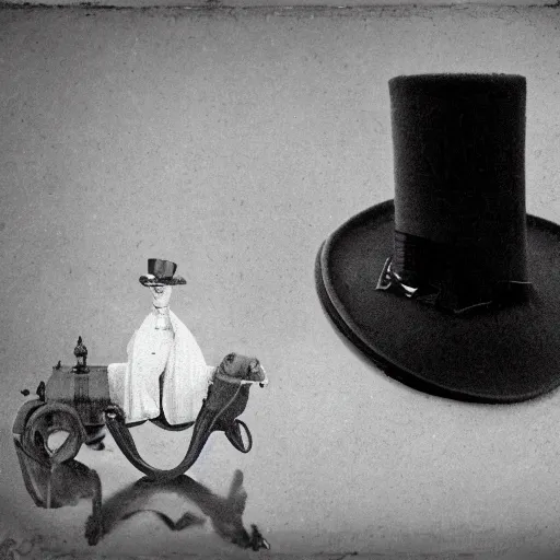 Image similar to an old timey photo of a silky terrier in a top hat at a fancy victorian estate