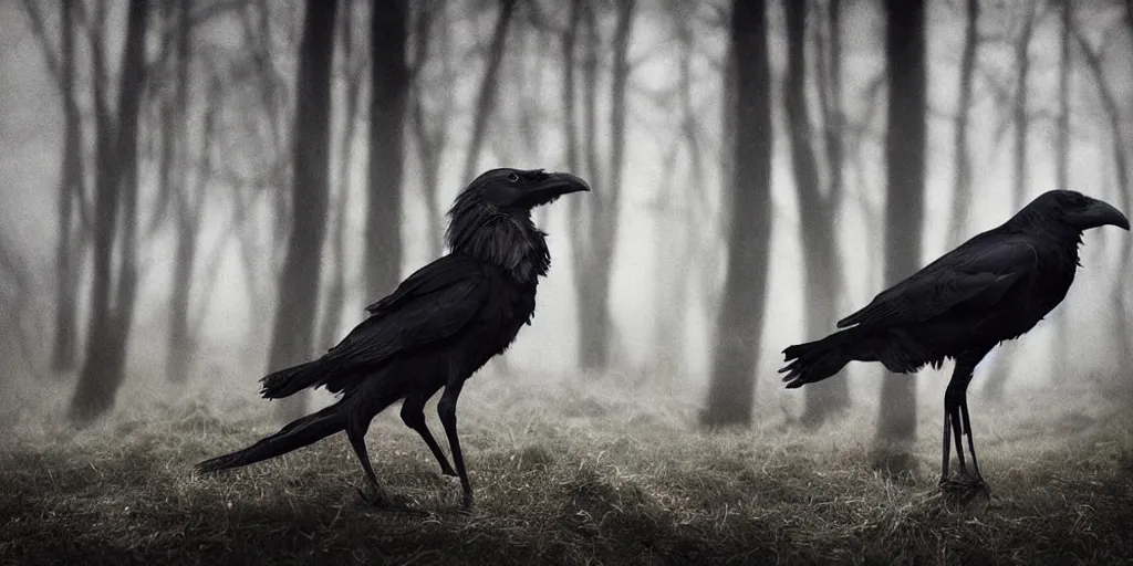 Image similar to mixture between an!! crow and! wolf, photograph captured in a dark forest