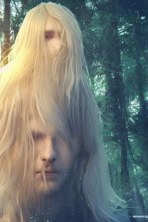 Image similar to pretty young man with long golden blond hair, demure, slender, lose, symmetrical face, trees, detailed forest background, webtoon, breathtaking scenery, colourful, 8 k, graphic novel, digital art trending on artstation, volumetric lighting, octane render, cinematic, hyper detailed, magical atmosphere, realistic