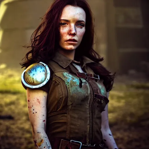 Image similar to fallout 5, charismatic beautiful rugged brunette female protagonist, portrait, outdoors in front of the entrance of vault 1 5 6, atmospheric lighting, painted, intricate, volumetric lighting, beautiful, daytime, sunny weather, slight overcast, sharp focus, deep colours, ultra detailed, by leesha hannigan, ross tran, thierry doizon, kai carpenter, ignacio fernandez rios