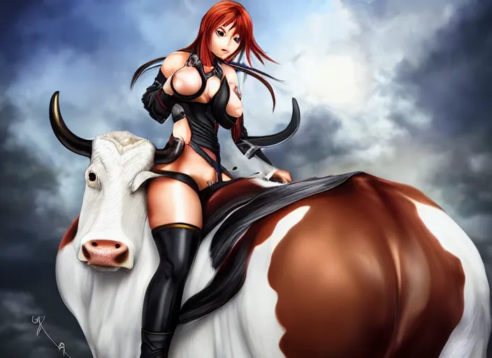 Image similar to Tina from Dead or Alive riding a cow, artwork by artgerm, 4K