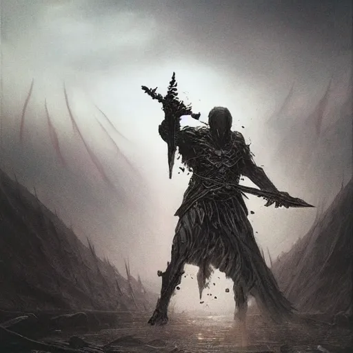 Image similar to warrior concept, beksinski, age of sigma art, ruan jia, dark soul armor concept, trending on artstation, wayne barlowe, adrian smith fantasy art, elden ring art, the hobbit art, lord of the ring art, infinity blade armor