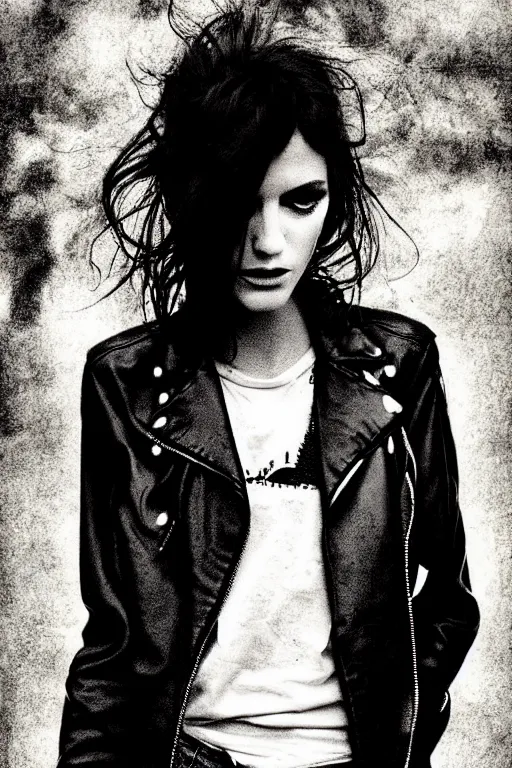 Image similar to dreamy rock girl, black leather jacket, detailed acrylic, grunge, perfect lighting. professional design. great composition, illustration by alberto giacometti, peter lindbergh, 8 k