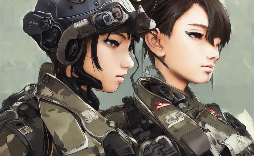 Image similar to front portrait of mechanized soldier girl, anime style, urban in background, soldier clothing, combat helmet, short hair, hair down, symmetrical facial features, from arknights, hyper realistic, 4 k, rule of thirds, extreme detail, detailed drawing, trending artstation, hd, d & d, realistic lighting, by alphonse mucha, greg rutkowski