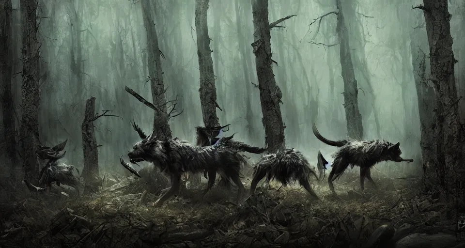 Prompt: an epic action concept masterpiece of a rabid wolfpack, in a forest made of nightmares, horrific digital art, extremely moody lighting, style of igor kieryluk