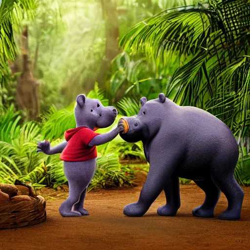 Prompt: Winnie the Pooh kissing a hippo in the jungle. Sony a7r IV, symmetric balance, polarizing filter, Photolab, lightroom, 8k, award-winning