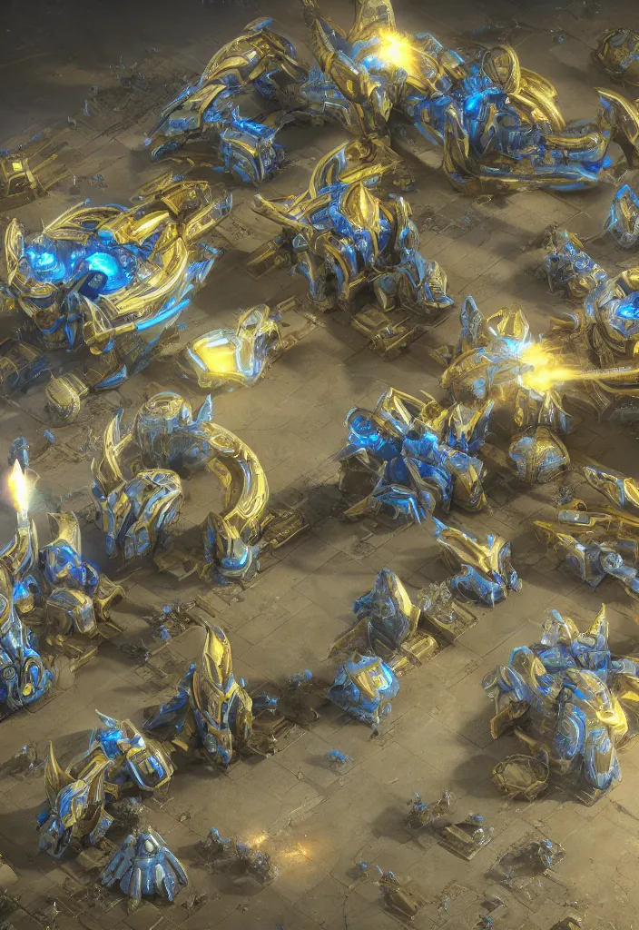 Prompt: protoss base with units warping from the gate, realistic, soft natural volumetric lighting, beautifully detailed 4 k octane render, 4 k post processing 8 k