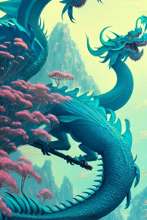 Image similar to a beautiful hyperdetailed character design 4 k wallpaper illustration of a huge cyan dragon, victo ngai style, from china, style of studio ghibli, makoto shinkai, raphael lacoste, louis comfort tiffany, denoise, deblurring, artgerm, xision, james jean, ross tran, chinese style