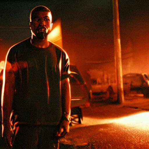 Prompt: film still of Kanye west as John creasy in Man On Fire (2004 film), favela, night scene, 4k, photorealistic