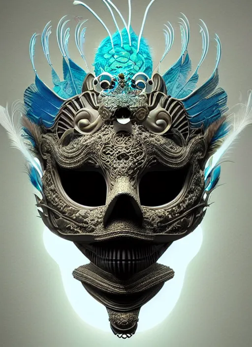 Image similar to 3 d venetian mask portrait, sigma 5 0 0 mm f / 5. beautiful intricate highly detailed quetzalcoatl skull and feathers. bioluminescent, plasma, lava, ice, water, wind, creature, thunderstorm! artwork by tooth wu and wlop and beeple and greg rutkowski, 8 k trending on artstation,