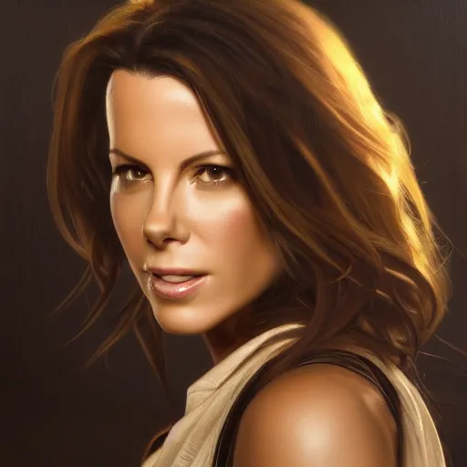 Prompt: closeup portrait of a kate beckinsale as a software engineer, she is a nerd, seductive smile, chiaroscuro, computer geek, golden hour, dramatic lighting, complementary contrast, high detail, painted by greg rutkowski, painted by igor kieryluk, trending on artstation