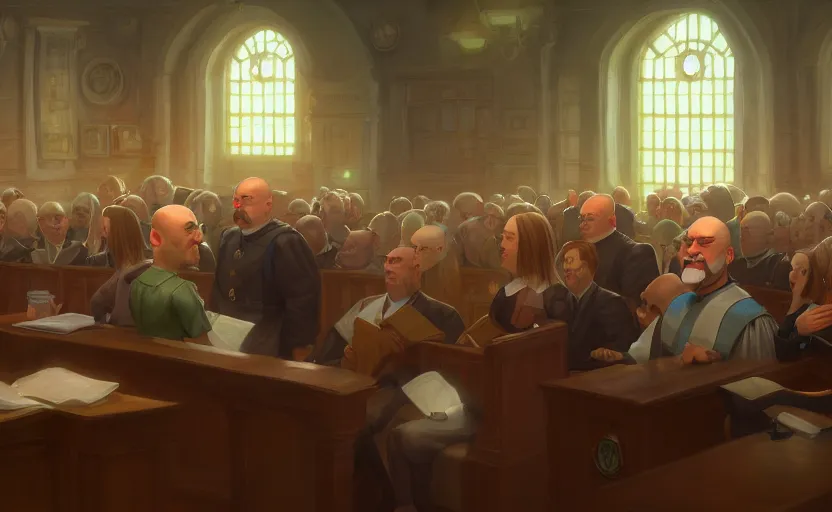 Image similar to the courtroom, close up a bald man in a skirt, no blur, 4 k resolution, ultra detailed, style of marc simonetti, tyler edlin, deviantart