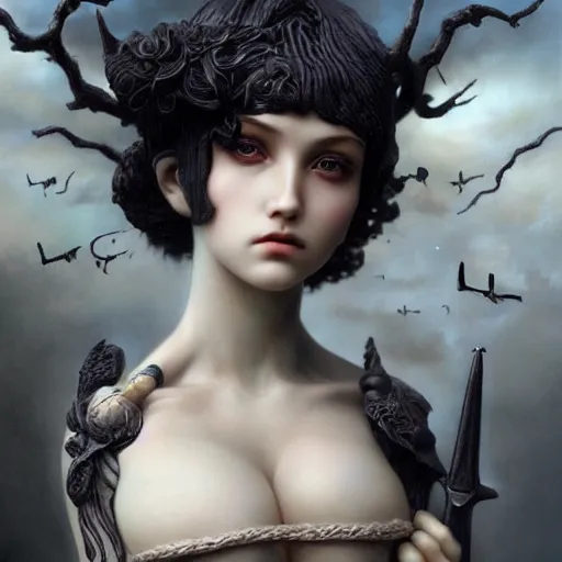 Image similar to By Tom Bagshaw, ultra realist soft painting of a selection of anime miniature fully dressed resin statues with dioramas, symmetry accurate features, very intricate details, ominous sky, black and white, volumetric light clouds